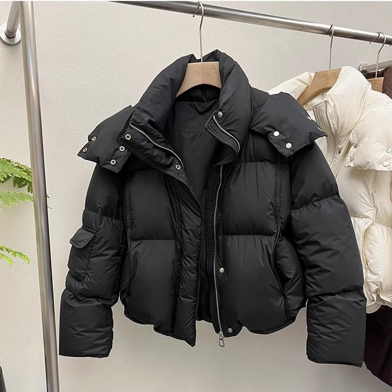 Womens Short Puffer Coat Winter Warm Hooded Cotton Jacket Solid Color Loose Fit Commute Style
