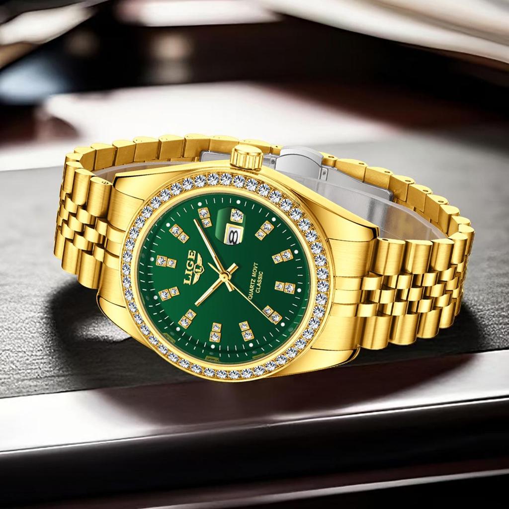 LIGE Men's Elegant Quartz Watch with Large Diamond-Inlaid Dial