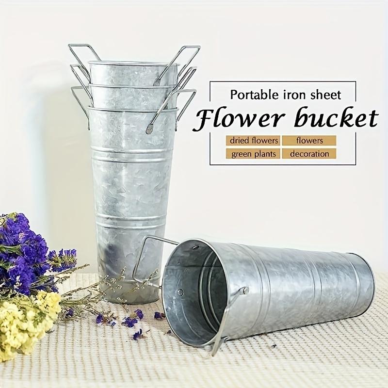 Four-piece Galvanized Metal Barrel Vase, 9inch Farmhouse French Flower Bucket Planter with Handle, Rustic Decor Metal Holder Family Marriage