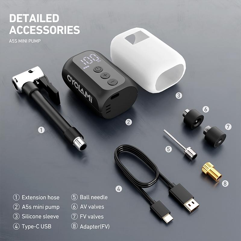 CYCLAMI A5S mini Portable Air Pump Portable Rechargeable Wireless Bicycle Accessories Tire Inflator 100PSI High Pressure Pump A5S