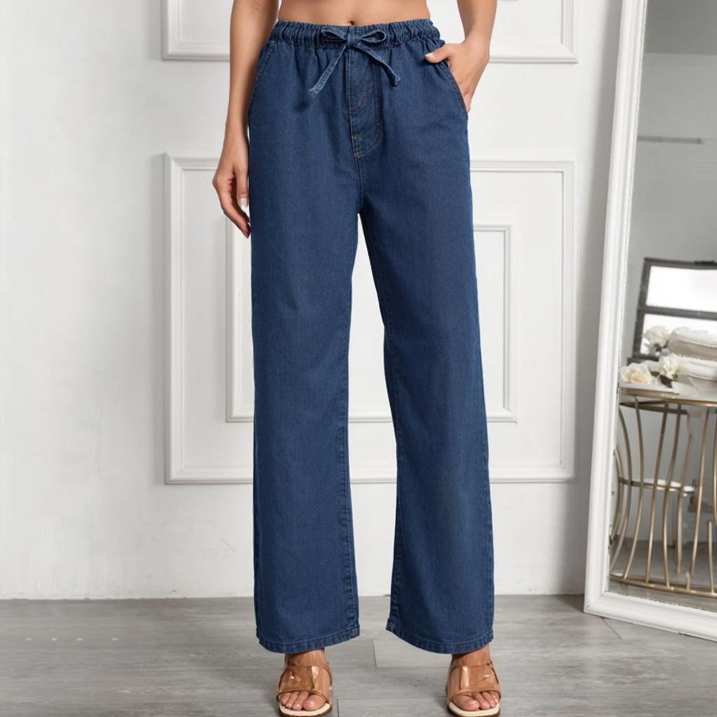 Women's Mid- Stretch Jeans Fashion Straight Leg Denim Pants With Pockets