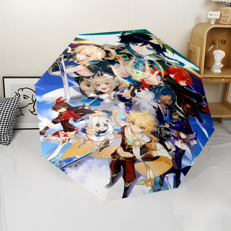 Genshin Impact characters1 Print Automatic Umbrella, 8 Rib Iron Frame, Plastic Handle, Suitable for Outdoor Travel &Daily , Ideal Gift