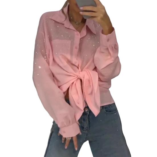 

Женская рубашка с лацканами, длинным рукавом, с золотой строчкой, однобортная однотонная рубашка свободного кроя, тонкая рубашка на каждый день S розовый