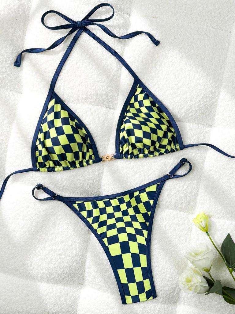 Kariertes Spitzen-Dreiecks-Bikini-Badeanzug mit Brustpolster - Sexy Europäischer und Amerikanischer Stil für Damen