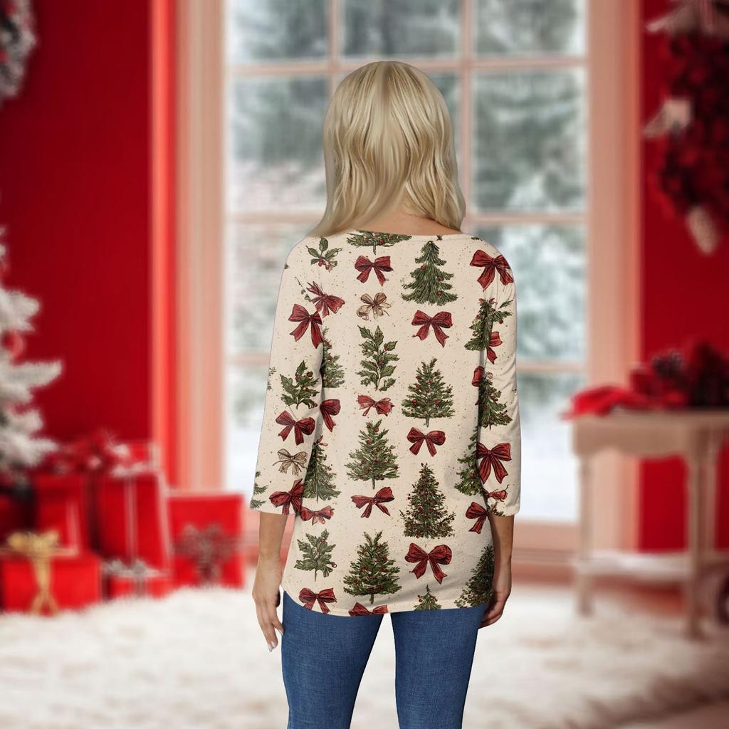 Women's O-Neck 3/4 Sleeve Christmas Print Top