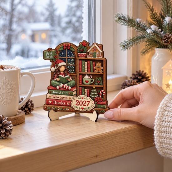 Retro Christmas Centerpieces Book Lover Gifts for Women, Just A Girl Who Loves Wooden Plaque, Winter Home Decor 2D Flat Reading Block Sign with Stand