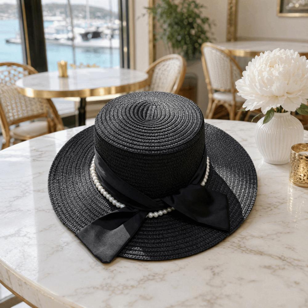 Beads Chain Straw Hat Silk Bow Beach Hat French Sun Visor Hat Travel Vacation
