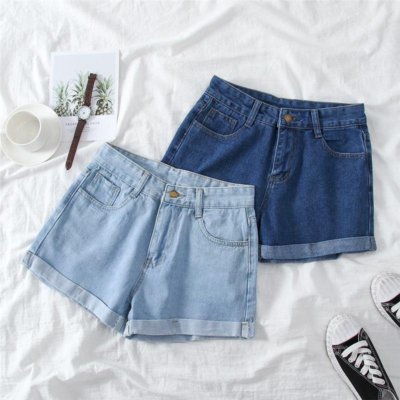 Women's High Waist A-Line Denim Shorts - Korean Style Summer 2025, Loose Fit, Slimming, Wide Leg, Rolled Hem.