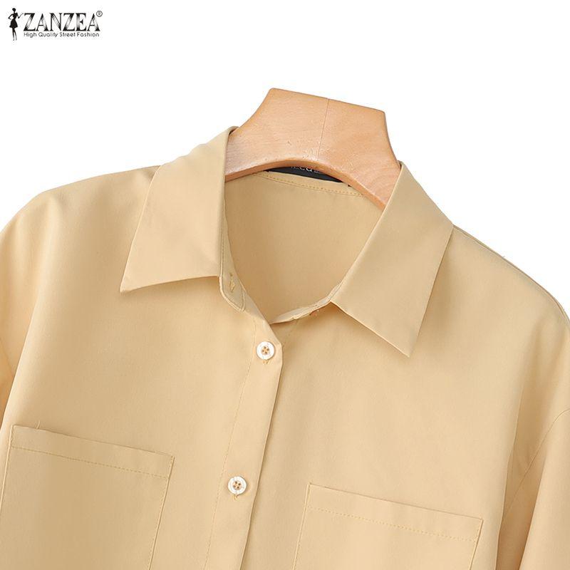 ZANZEA Womens 3/4 Sleeve Lapel Button Down Loose Cropped Shirt Blouse