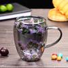 Double Wall Glass Coffee Mug with Handle High Borosilicate Heat Resistant Cup Colorful Petal Design Hot
