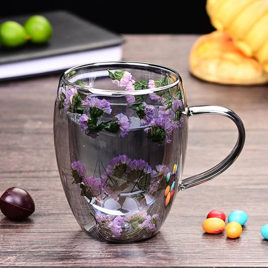 Double Wall Glass Coffee Mug with Handle High Borosilicate Heat Resistant Cup Colorful Petal Design Hot