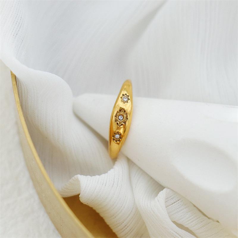 Bohemian Titanium Steel Ring with Inlaid Diamonds, Featuring Retro Distressed Moon, Star, and Sun Design for Women