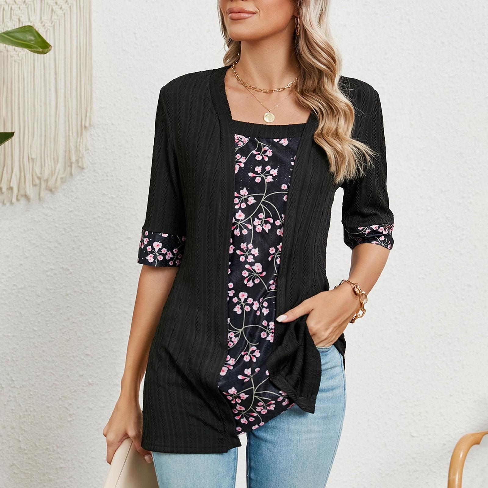 

Женская модная футболка из двух частей с квадратным вырезом и средним рукавом с принтом L