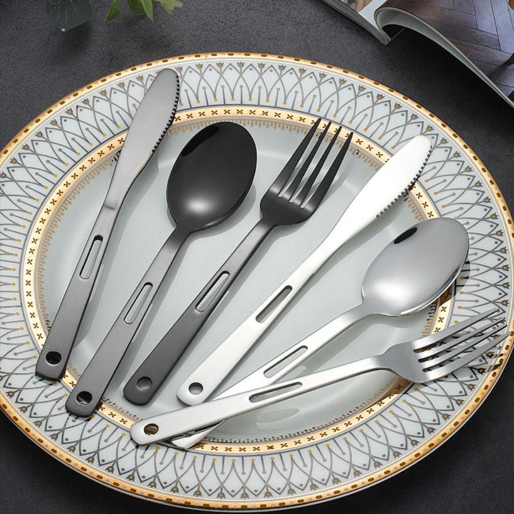 4/7pcs Camping Cutlery Set Black/Silver with Buckle and Storage Bag Flatware Set Stainless Steel Spoon Fork Set Travel