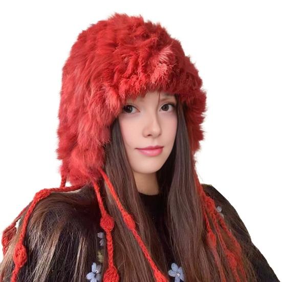 Women Hat Solid Color Rabbit Fur Blend Tassel Knit Hat Comfortable Stretch Fit Autumn Winter Skiing Warm Hat