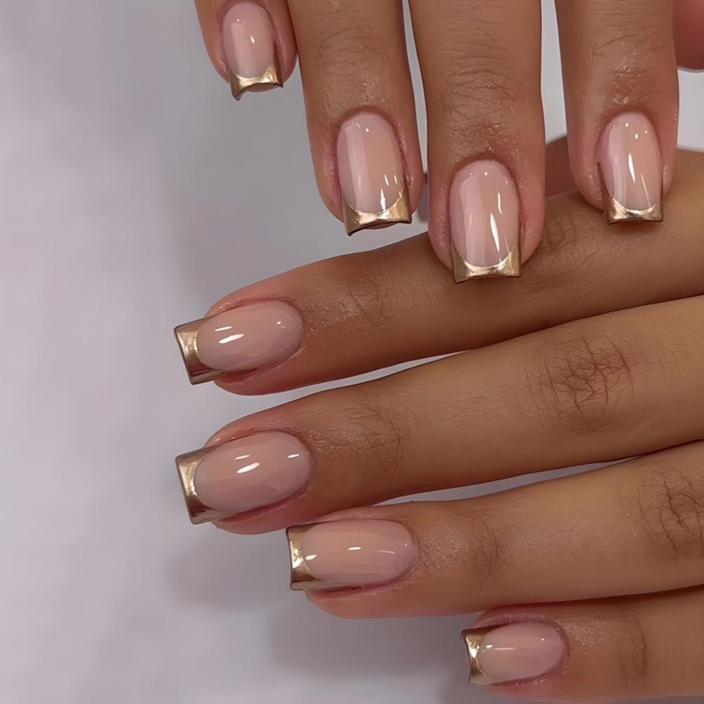 24 stuks Franse Korte Vierkante Kunstnagels met Gouden Rand Design Eenvoudige Ballet Press-On Nepnagels voor Meisjes