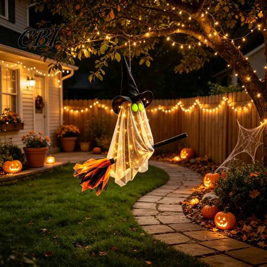 Waterproof Haunted House Supplies Halloween Flying Ghost with Witch Broom, Large Lighted Hanging Decoration Outdoor Yard Party Decor Hat for