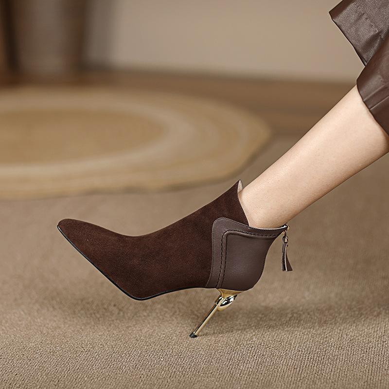 Pointed Short Boots Women's Thin Heel Autumn and Winter Temperament High Heel Short Women's Boots Frosted Leather Splicing Bare Boots
