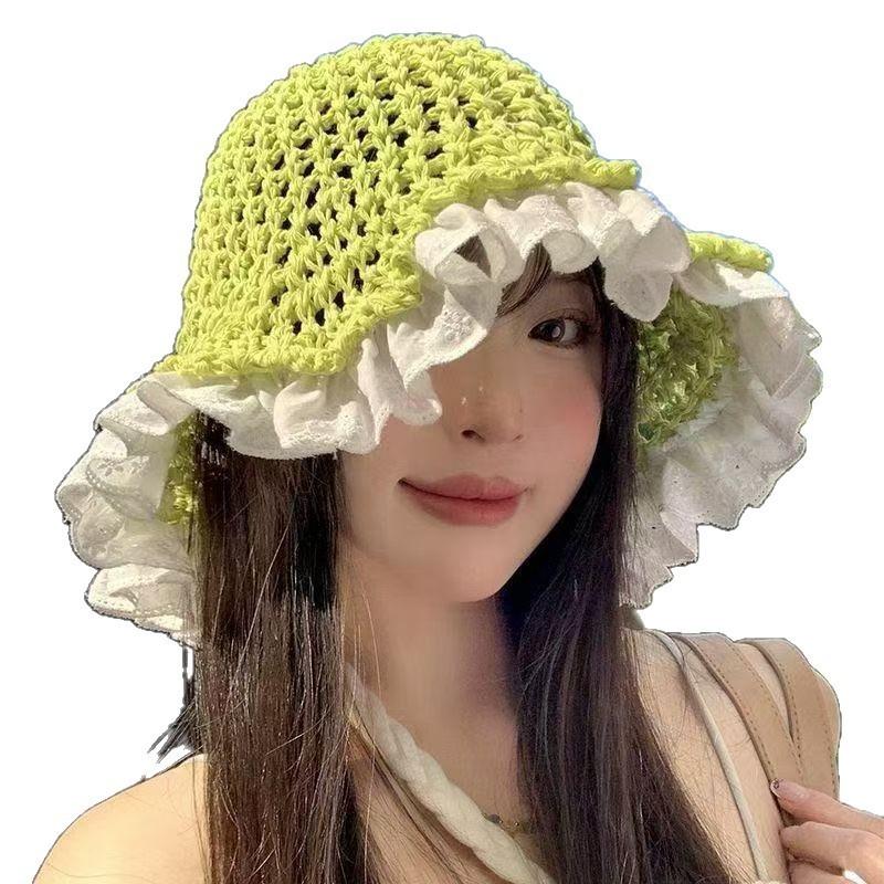 Feminine Lace Trim Mesh Sun Hat With Wide Brim For Summer Outdoor Activities