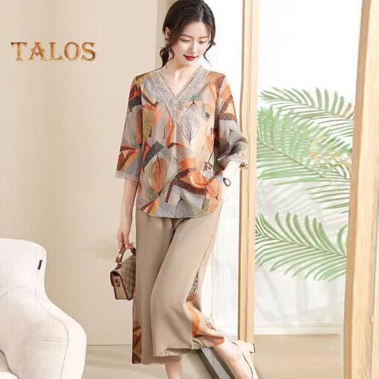 

2 шт./компл. Женская футболка среднего возраста, комплект брюк с принтом листьев, V-образный вырез, лоскутный топ с короткими рукавами, широкие брюки, свободные укороченные брюки для мамы на каждый день L оранжевый