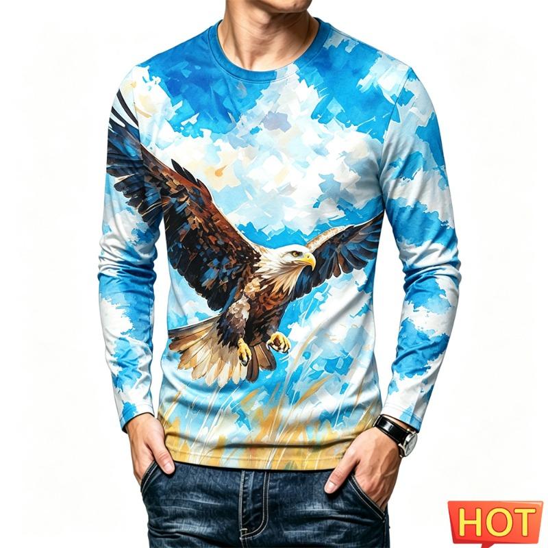 Funny 3D Eagle Print Men's T Shirts Autumn Trend Long Sleeve T-shirt Casual O-neck Loose Tops Fashion Animal Pattern y2k Clothes