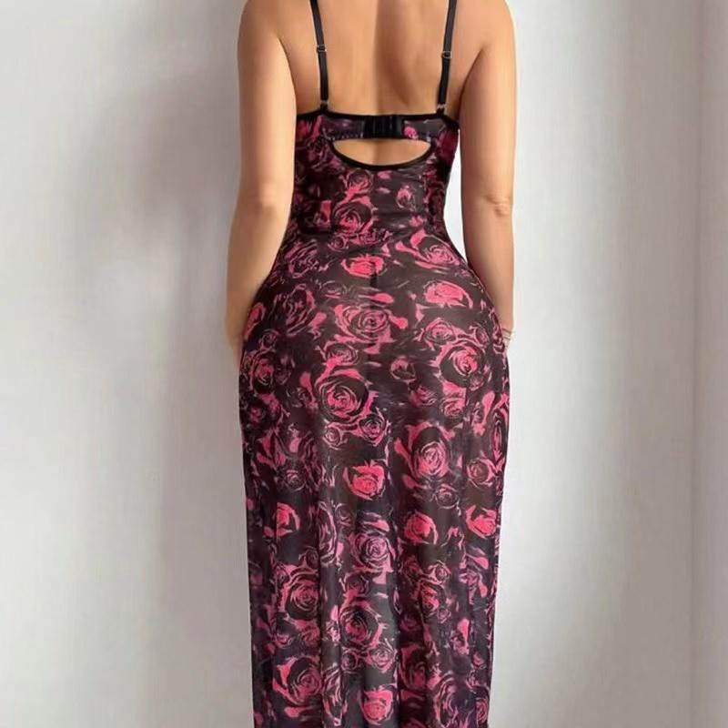 Women Pajama Rose Print Sleeveless Nightgowns Side Slit Ruffles Sleepwear 2 Pieces Home Clothes V-Neck Suspender Night Dress