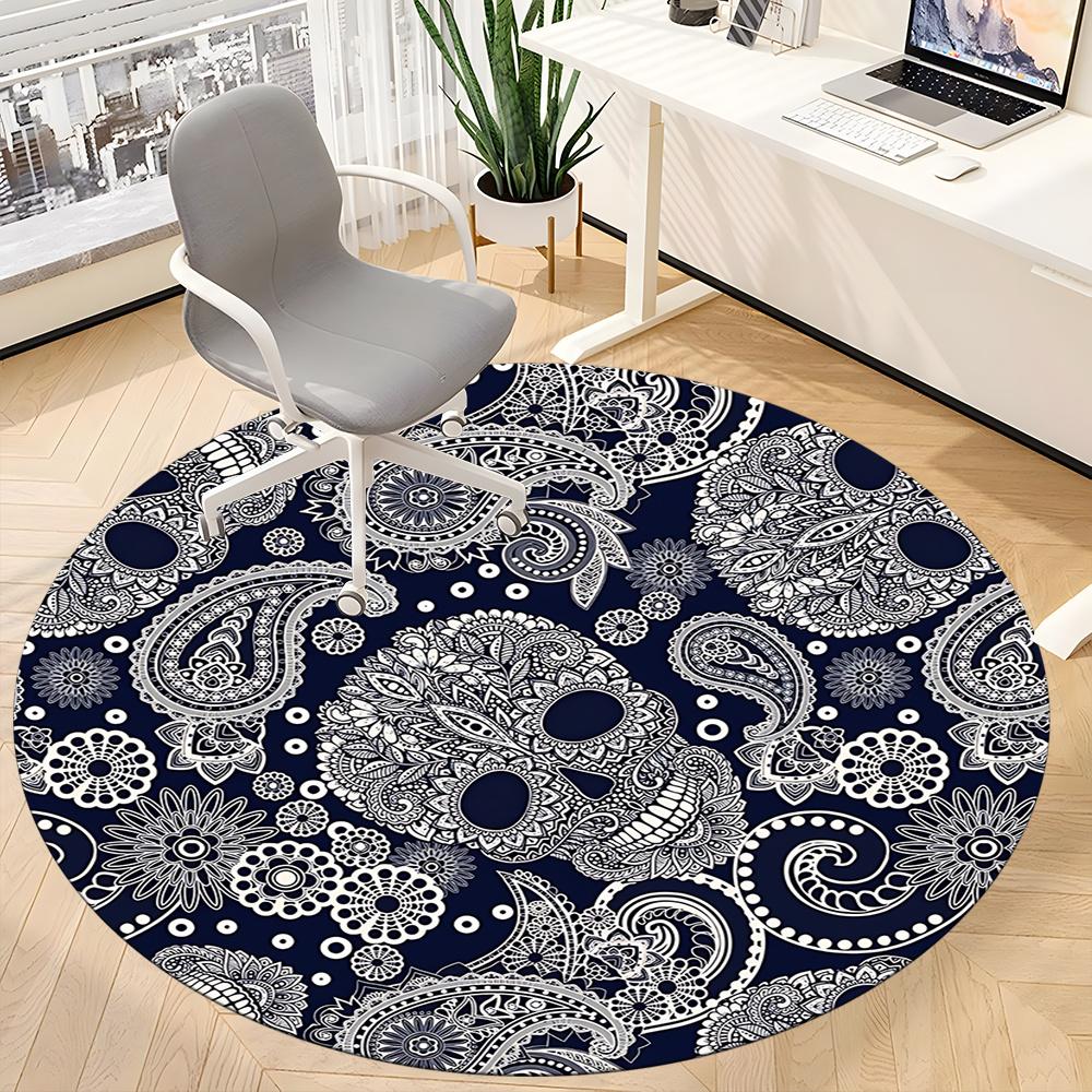 1pc Skull Paisley Office Round Area Rug, Indoor Mat Suitable ForOffice, Under Office Chairs Bedroom Living Room Home Decor, Room Deco 014