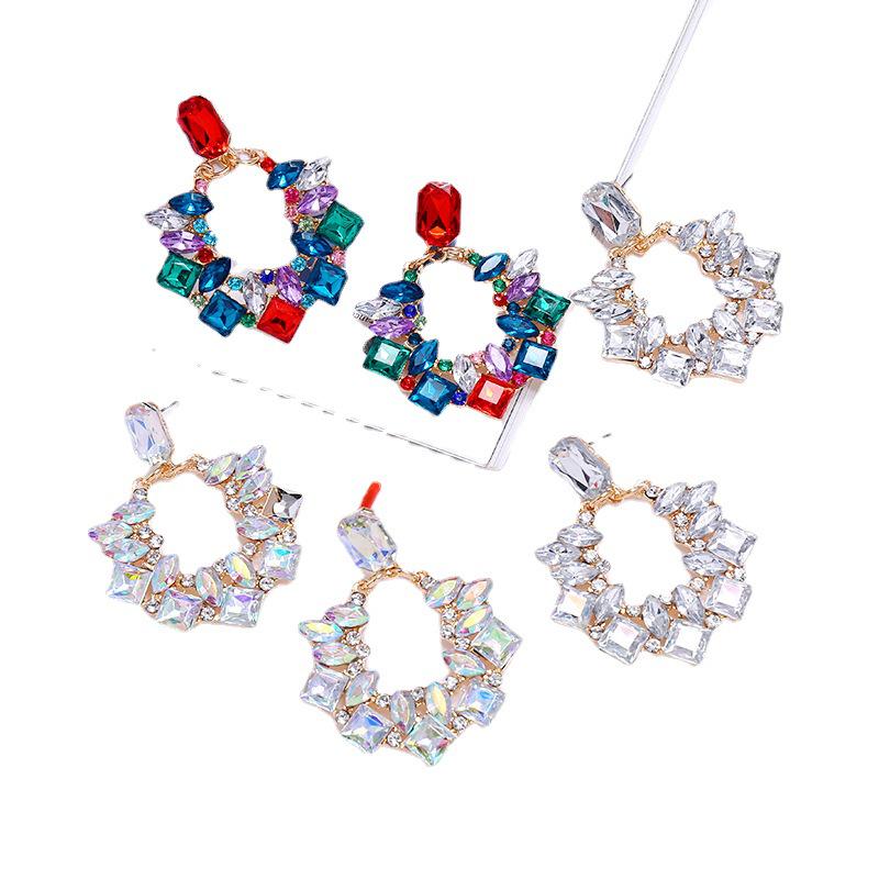 European & American Fashion Square Colored Diamond Earrings: Bold & Chic Hollow Design