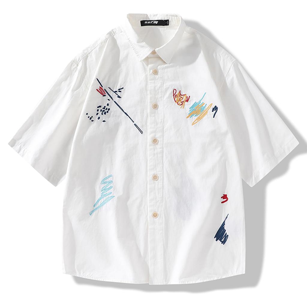 Short Sleeve Shirt Heavyweight Cotton Summer Casual Outfit Loose Oversized Embroidered White Unisex Shirt Relaxed Fit and Comfort Breathable Perfect