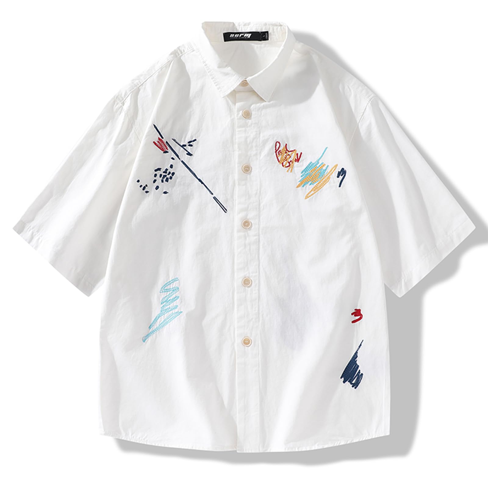

[SoarUnique] Open-collar short-sleeved men s shirt | Thick 100% cotton | Summer casual wear | Relaxed oversized fit | Embroidered white unisex shirt |