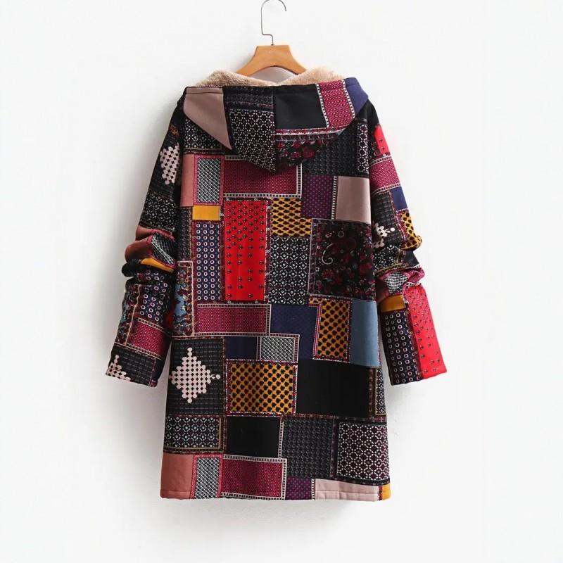 Womens Oversized Hooded Cotton-Padded Coat Winter Ethnic Style Loose Fit Warm Outerwear
