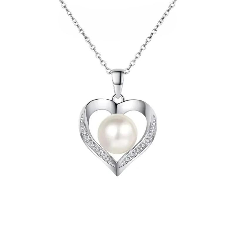 

Girl Adult s Day White Gold 18K Necklaces 0.96CT Moissanite Diamond 9mm Pearl Heart Pendant Women Platinum Birthday Gift