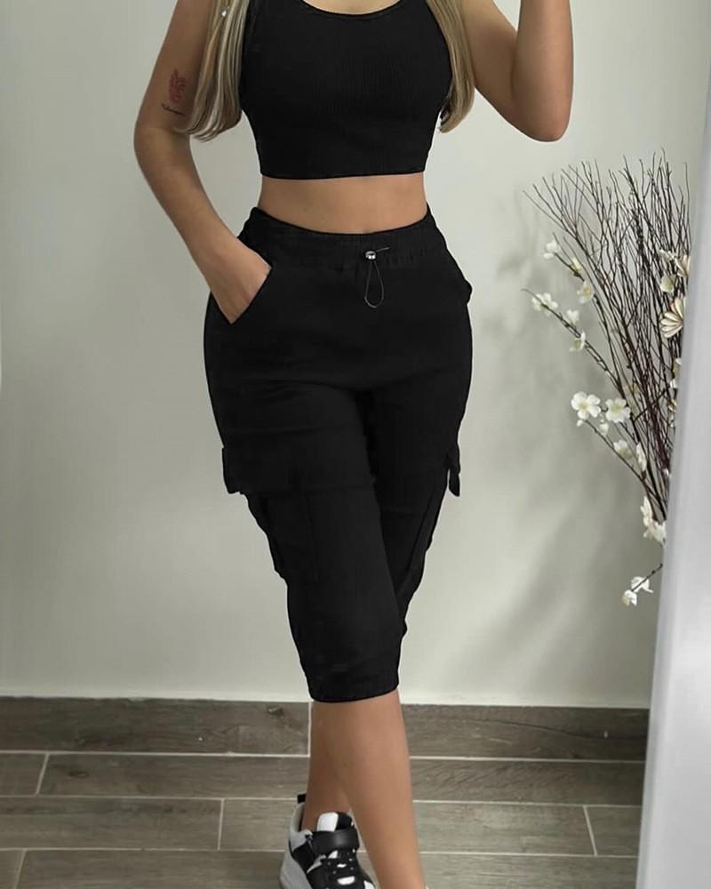 

Summer Women s Slim-Fit Capri Trousers Solid Color Casual Multiple Pocket Lace-Up High Waist Tight Leggings Capri Pants S чёрный
