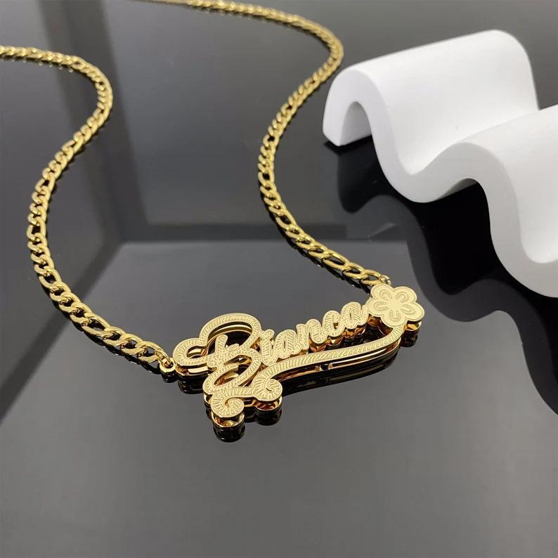 Custom Name Double Layers Pendant Necklace 3d 18K Gold Stainless Steel Chain Cuban Link Name Necklace Fashion Pendant Necklaces