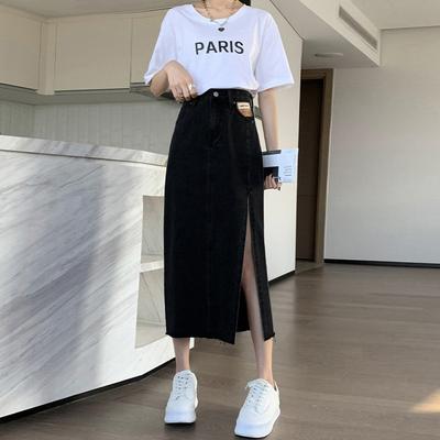 Estate Sottile Spacco Laterale Design Sensazione Vita Alta Ampia Sottile Versatile Lato Peloso A Parola Nella Gonna Lunga Comodo Moda Denim Gonna Bustier