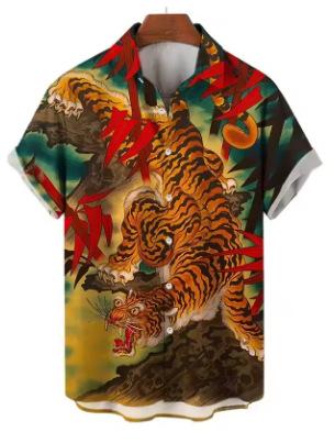 Men s shirt: animal tiger and dragon print short-sleeve Hawaiian shirt, women s new casual shirt XXS