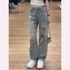 Women's Spring/Summer 2025 Rhinestone Ripped Wide-Leg Jeans - Plus Size, Light Wash, Floor-Length, Straight Leg.