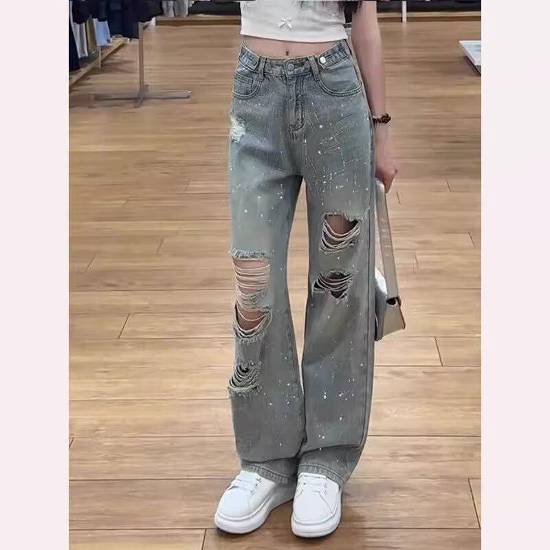 Women's Spring/Summer 2025 Rhinestone Ripped Wide-Leg Jeans - Plus Size, Light Wash, Floor-Length, Straight Leg.