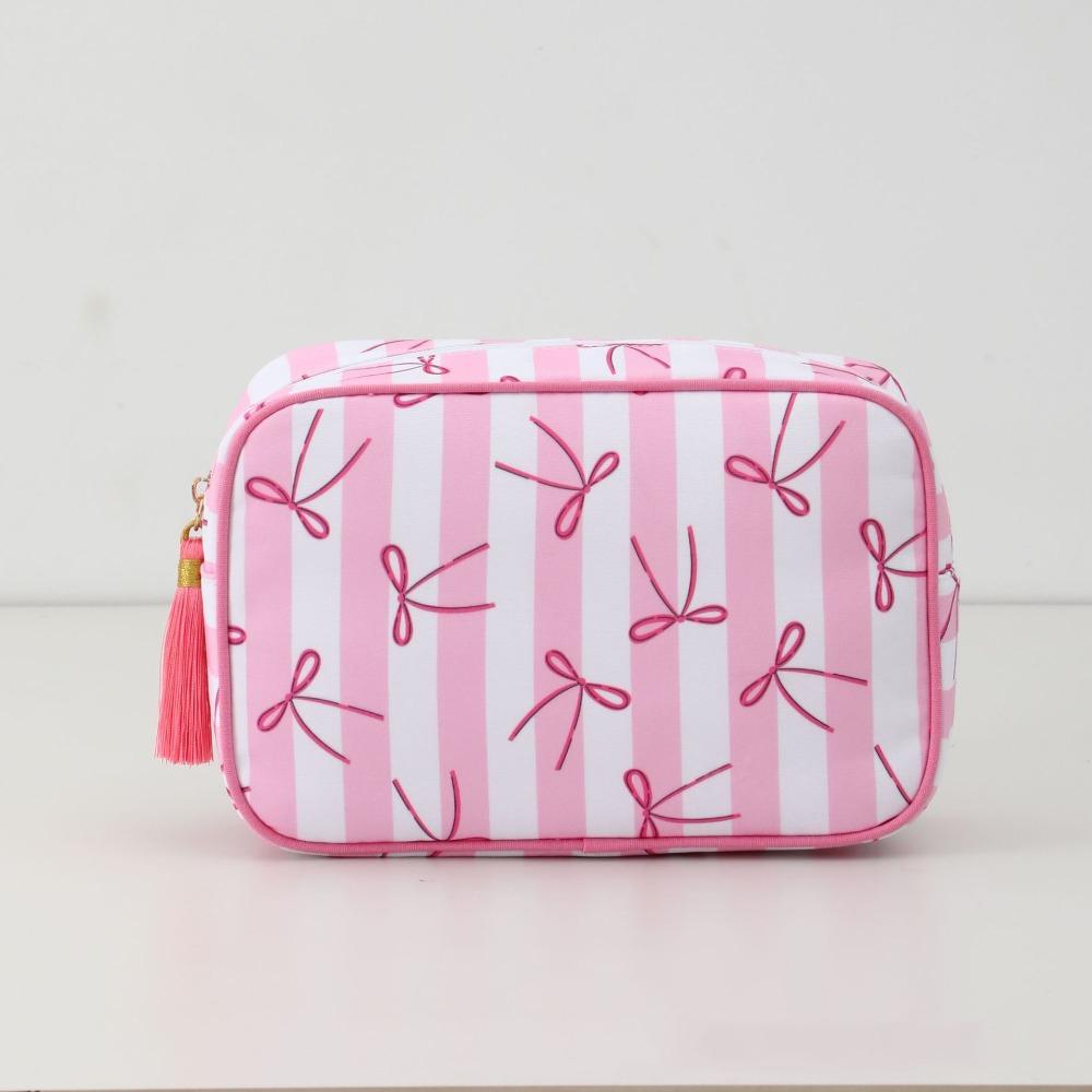 

Cute Bow Print Tassel Cosmetic Bag Canvas Large Capacity Toiletry Bag Portable Zipper Travel Storage Bag