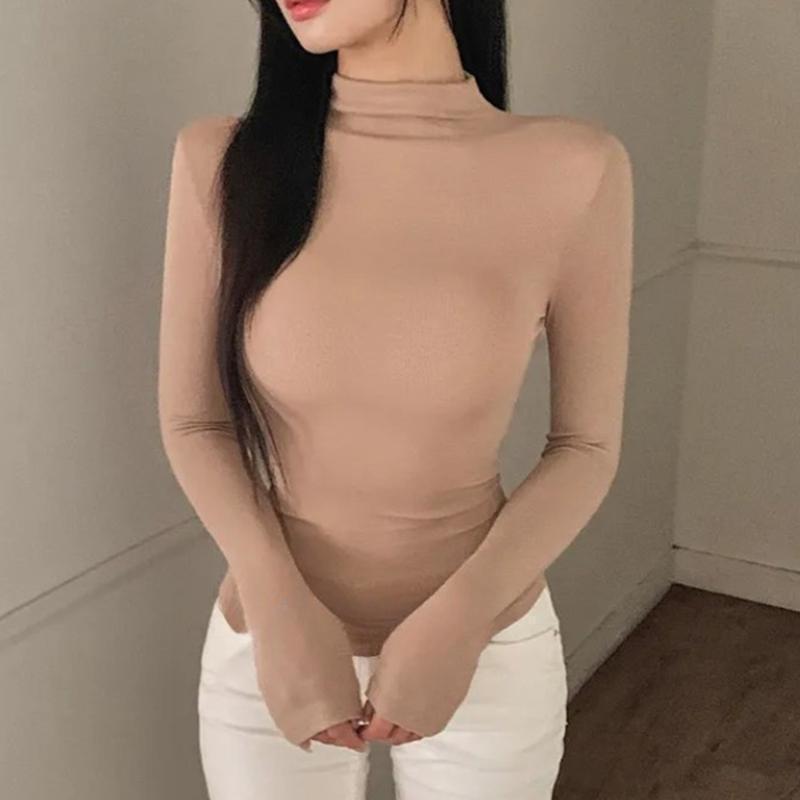 

Elegant Korean Dongdaemun High Neck Sheer Slim Fit Long Sleeve Base Layer T-shirt for Autumn/Winter One Size бежевий