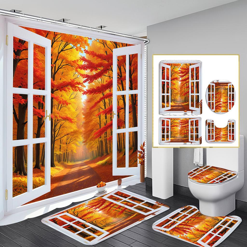 Christmas Shower Curtain Four-Piece Non-Punching Partition Curtain Digital Printing Bathroom Decoration Curtain