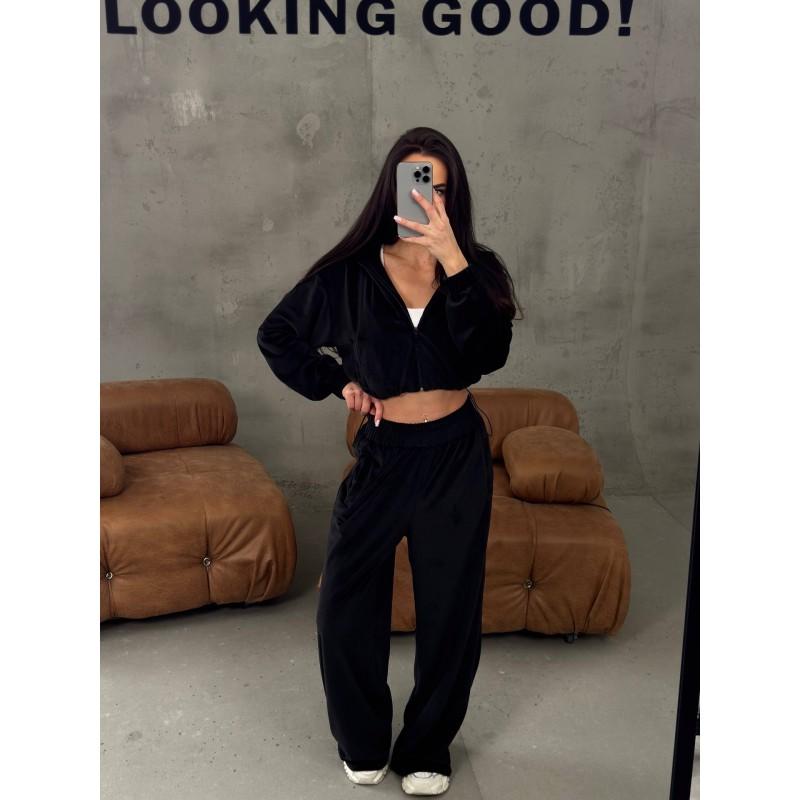 Womens Casual 2-Piece Set Long Sleeve Zip-Up Cropped Cardigan Elastic Waist Wide Leg Pants