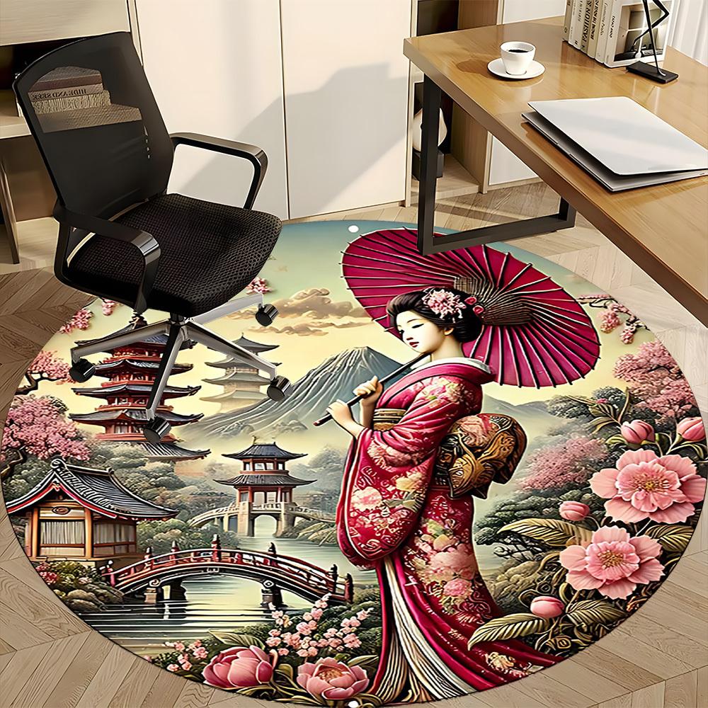 1PCGeisha Blossoms Office Round Area Rug,  Mat Suitable For Office, Under Office Chairs Bedroom Living Room Home Decor, Room Deco
