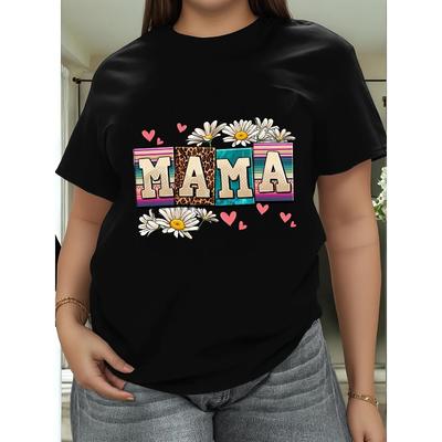 Damen Glücklicher Muttertag Print T-Shirt Floral Herz Schwarz Weiß Lockere Passform Kurze Ärmel Frühling Sommer Lässig Mama Grafik Oberteil