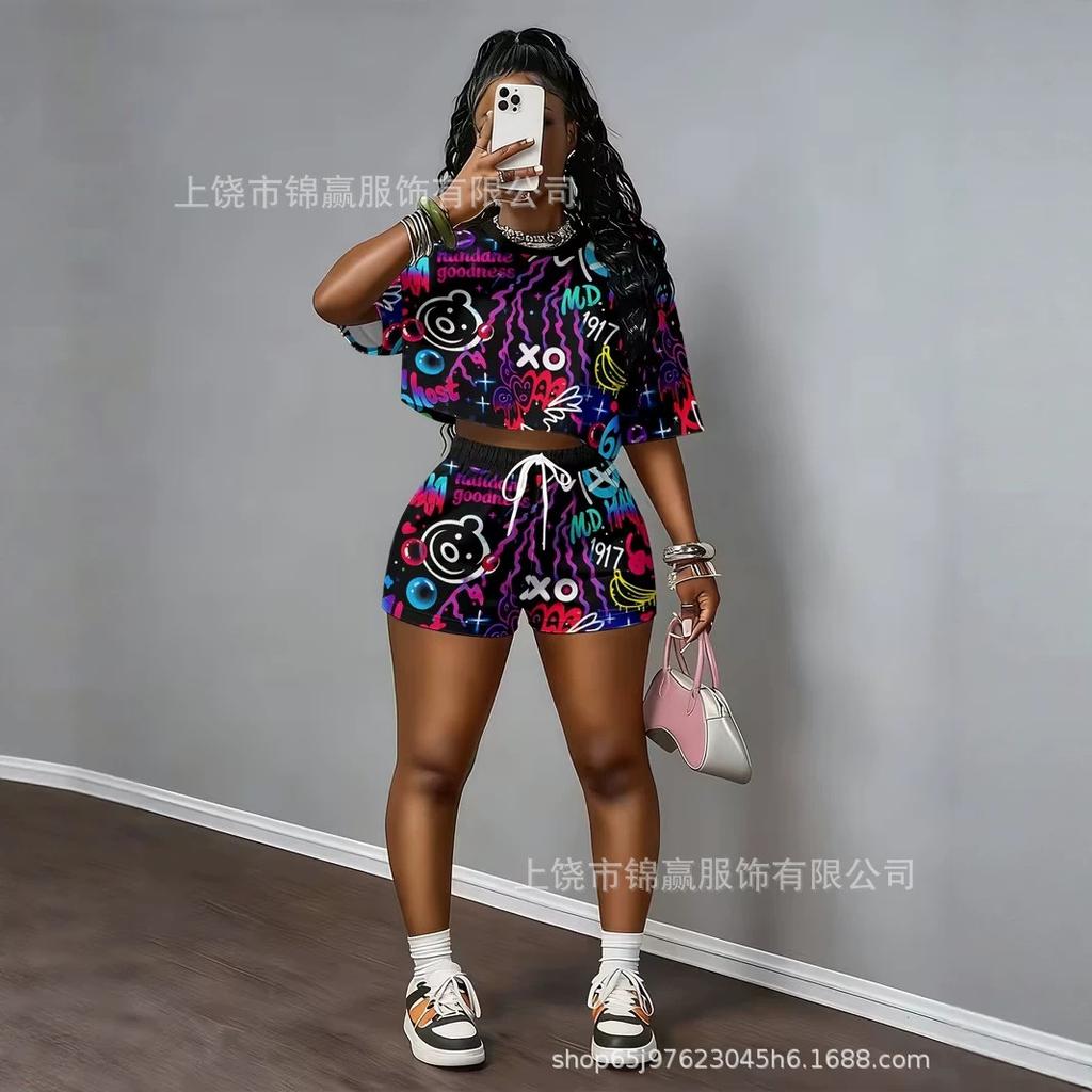 European and American street style number star print short T-shirt, elastic waist shorts, lazy two-piece outfit