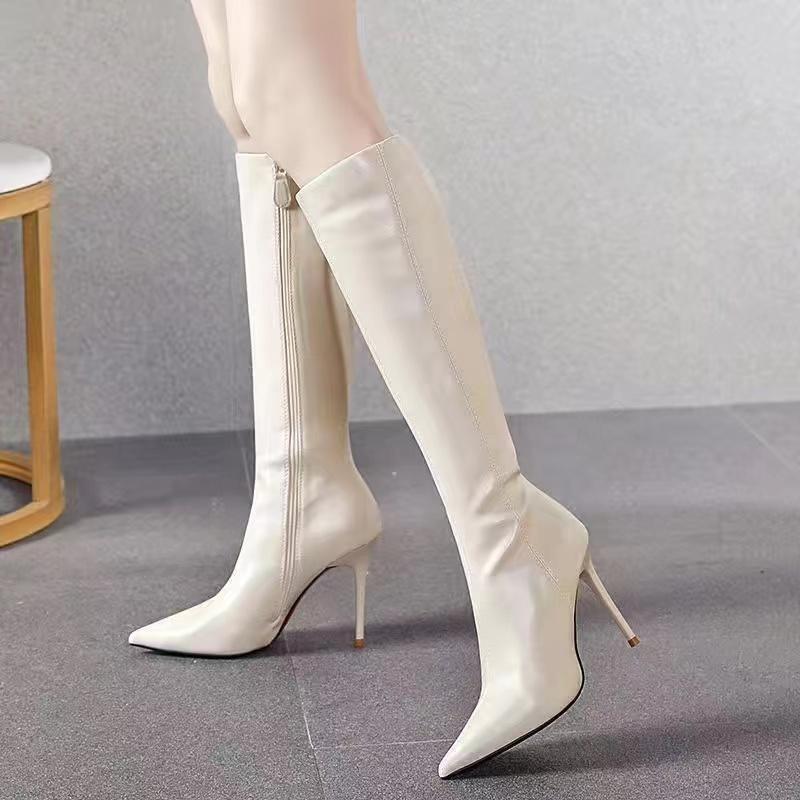 White Women's High Cylinder Boots Pointed Toe Thin Heels Side Zipper Knee High Boots Winter Soft Sole Not Tiring Feet Women Shoe