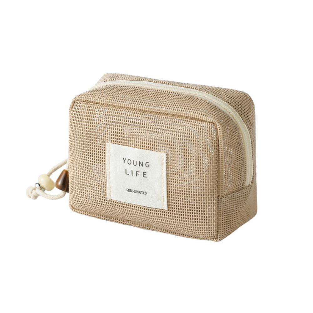 Casual Solid Color Mesh Makeup Bag Square Lightweight Transparent Mesh Cosmetic Bag Zipper Handheld Cosmetic Cases Bathroom