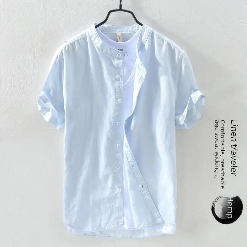 Men's Short-Sleeve Chinese-Style Linen Cotton Shirt - Casual Loose Fit