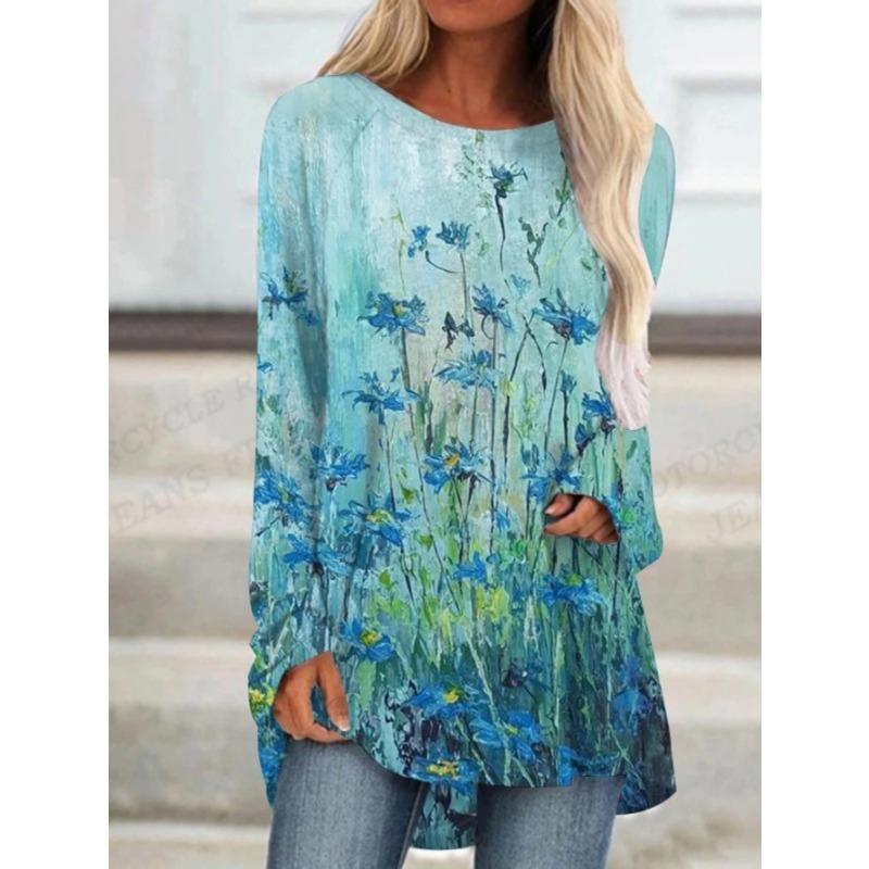 Women's printed long-sleeved T-shirt, suitable for spring, autumn and winter seasons. Fashionable and versatile, machine washable.