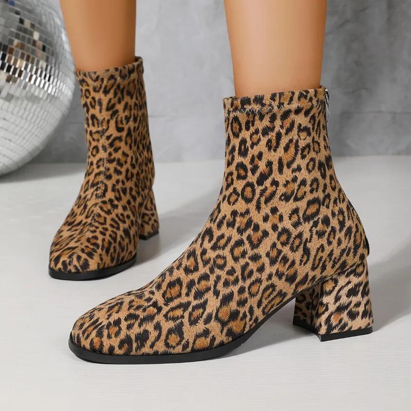 2025 New Women's Fashion Boots Square Toe Rough Heel High Elastic Short Boots Leopord Fashion Comfortable Plus-size Women Shoes